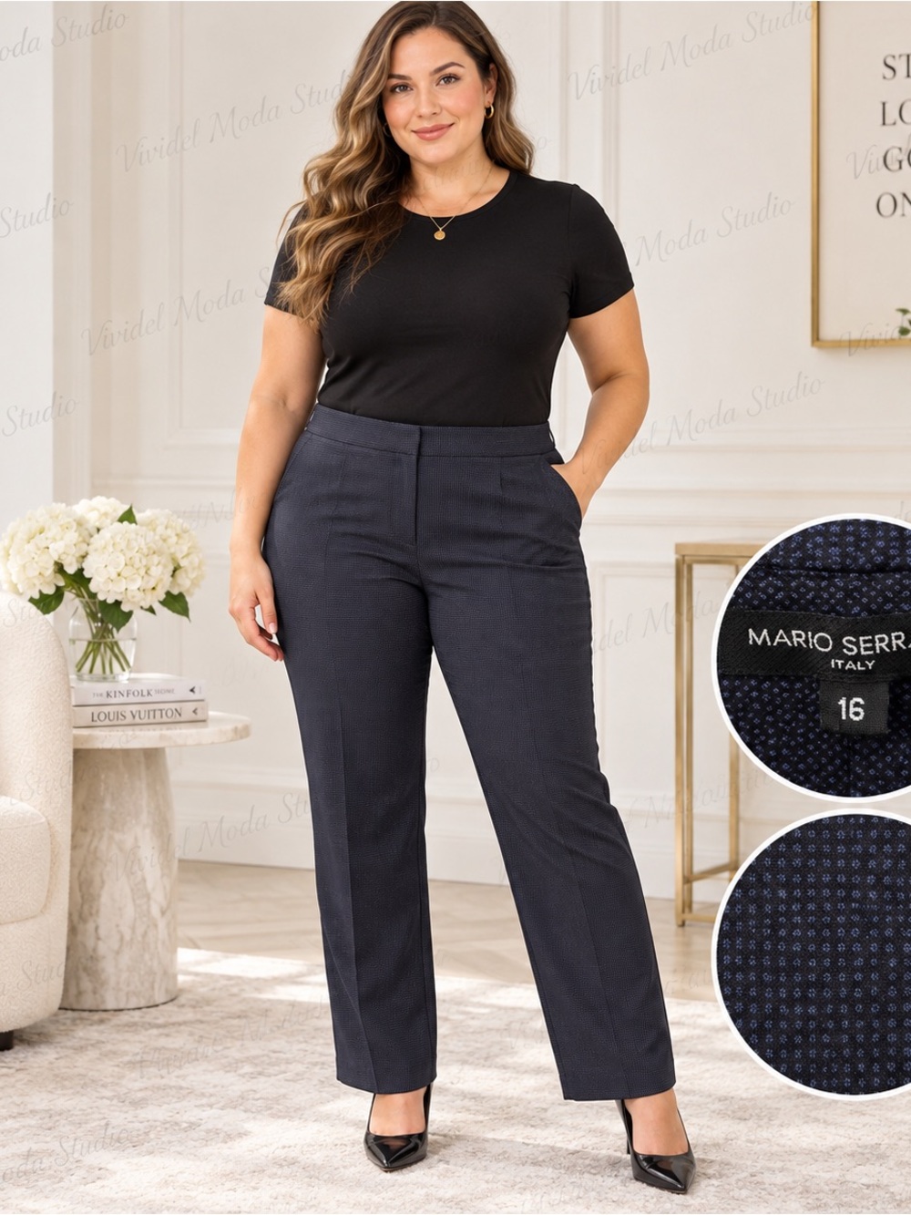 Mario Serrani Italy Navy Micro Check Stretch Dress Pants